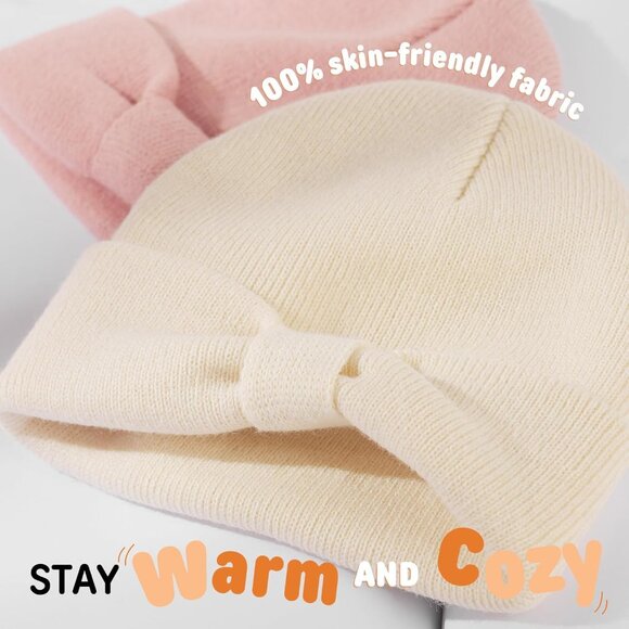 Soft Acrylic Baby Winter Beanie with Bow - 0-6 Months, Beige & Pink - Picture 2 of 6